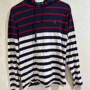 Men Polo Thin Stripe Hoodie Medium White Red Navy